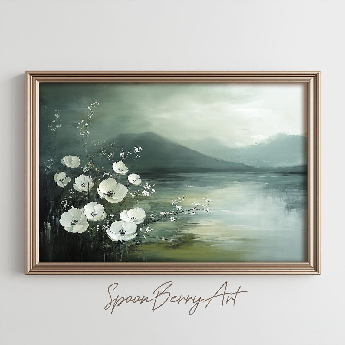 White Poppies Beside a Misty Lake at Dusk Mountain View Poster
