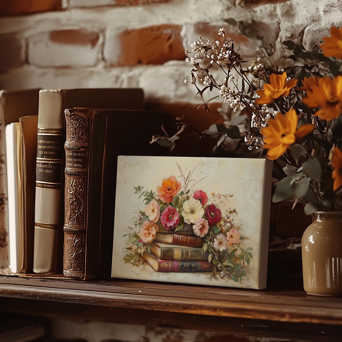Antique Books with Colorful Floral Bouquet Library Art Poster - Image 3