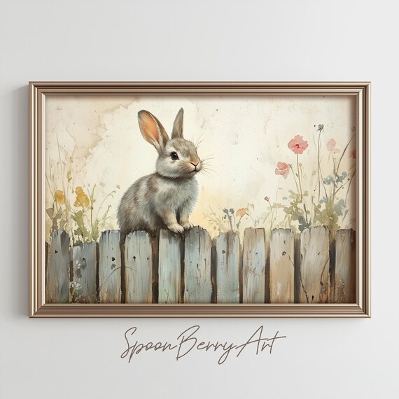 Cute Bunny Perched On Weathered Fence Among Wildflowers Poster