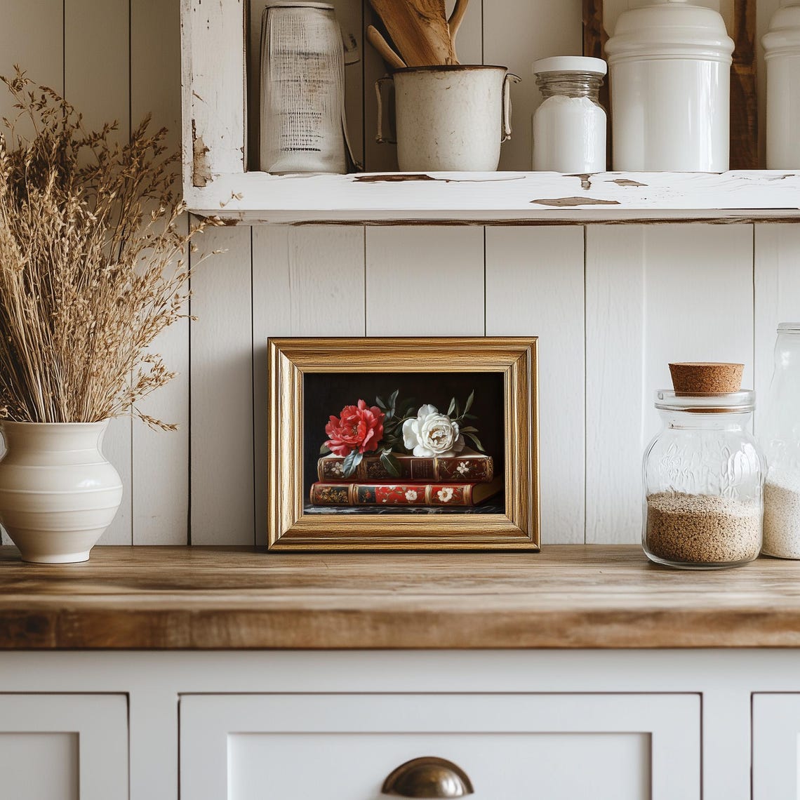 Stacked Antique Books with Red White Roses Dark Library Poster - Image 4
