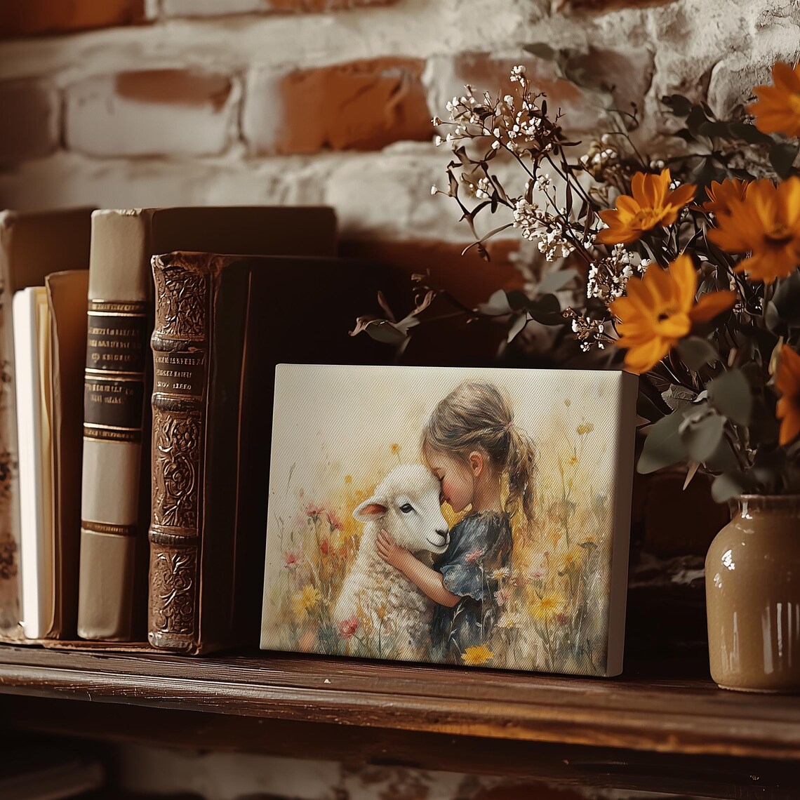 Little Girl Hugging A Lamb In Wildflower Meadow Painting Poster - Image 3
