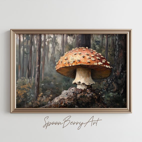Mushroom Painting Vintage Mushroom Wall Print Toad Stool Print Wall Decor Mushroom Wall Art Moody Oil Painting Art