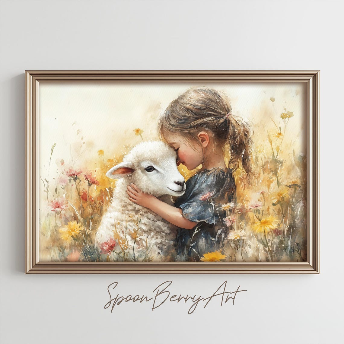 Little Girl Hugging A Lamb In Wildflower Meadow Painting Poster