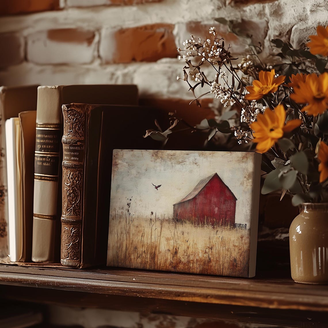 Old Red Barn in Golden Wheat Field Solitary Crow Farm Poster - Image 3