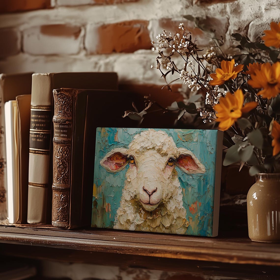 Smiling Sheep Face In Impasto On Turquoise Background Poster - Image 3