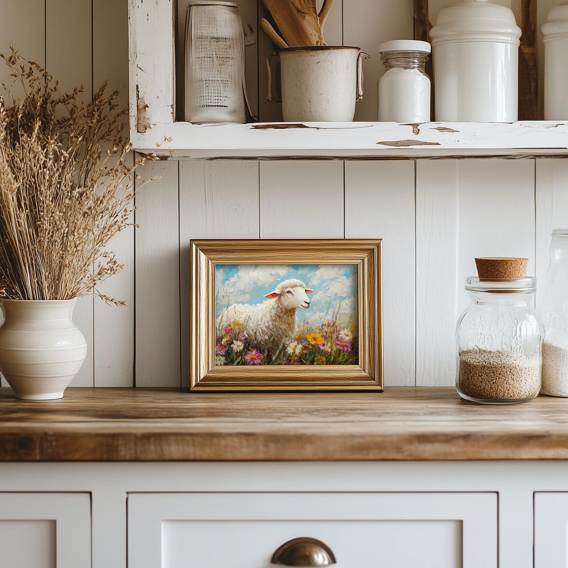 White Sheep In Colorful Wildflower Meadow Under Blue Sky Poster - Image 5