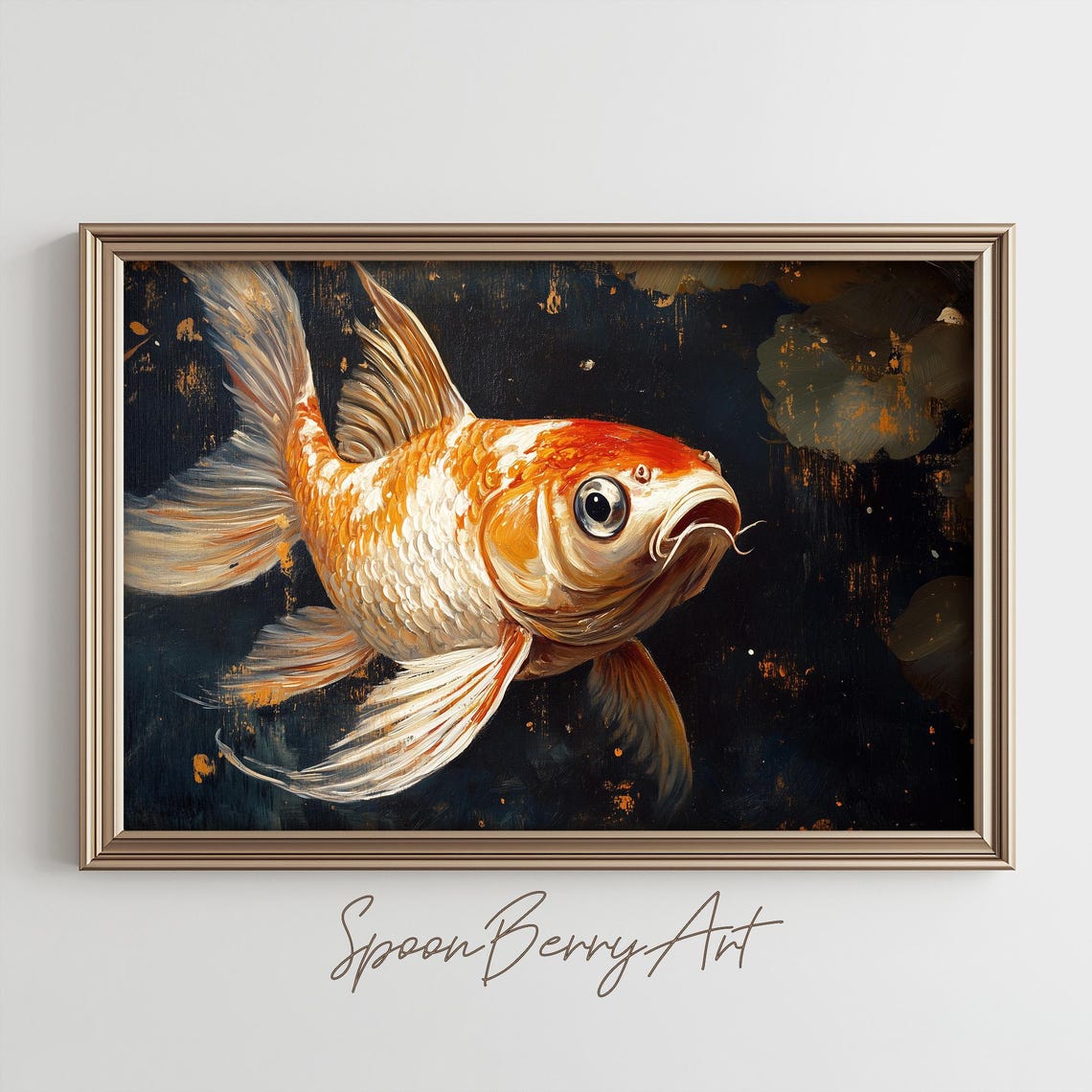Orange Koi Fish with Flowing Fins on a Dark Moody Backdrop Poster