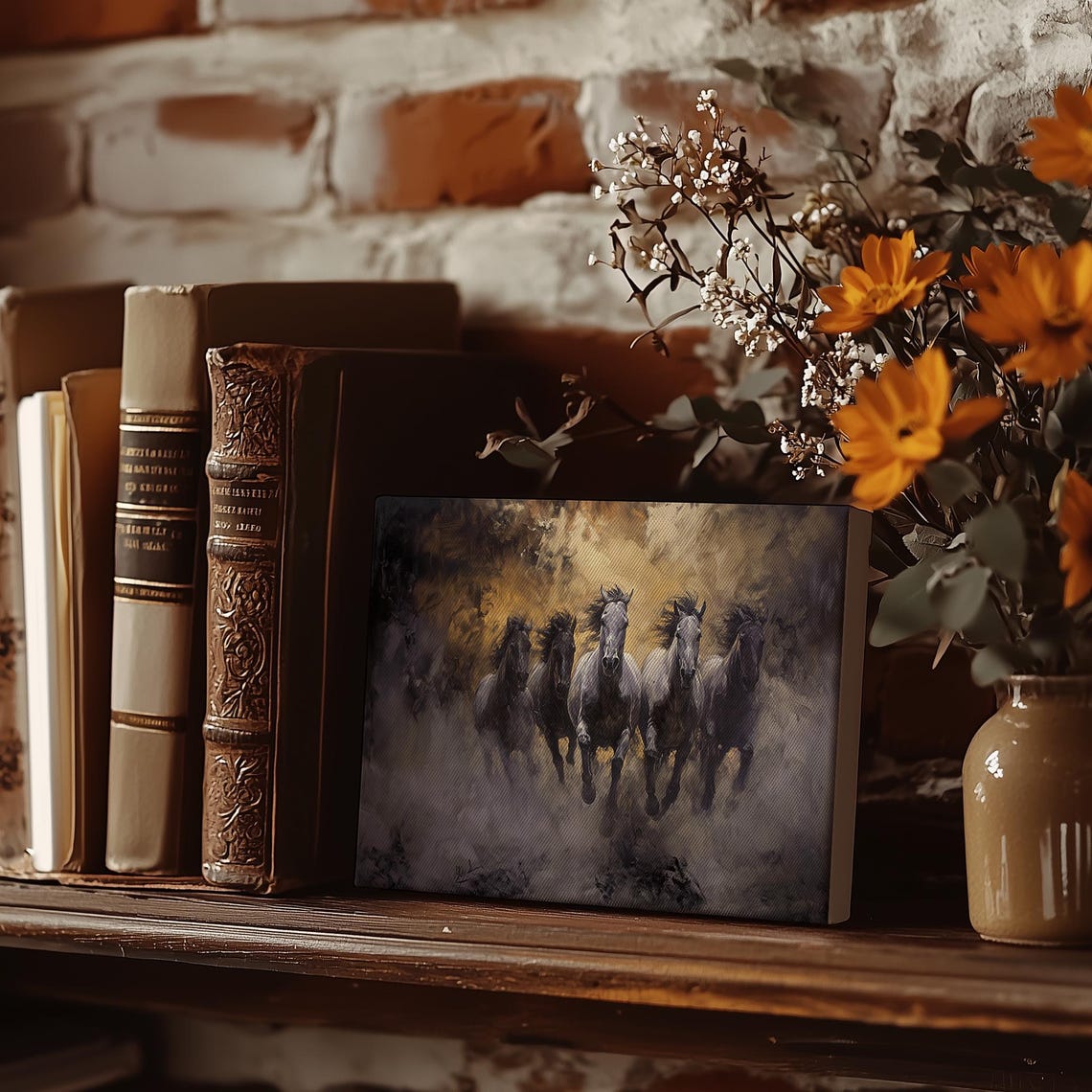 Five Galloping Horses Stampede Through Dramatic Golden Dust Poster - Image 5