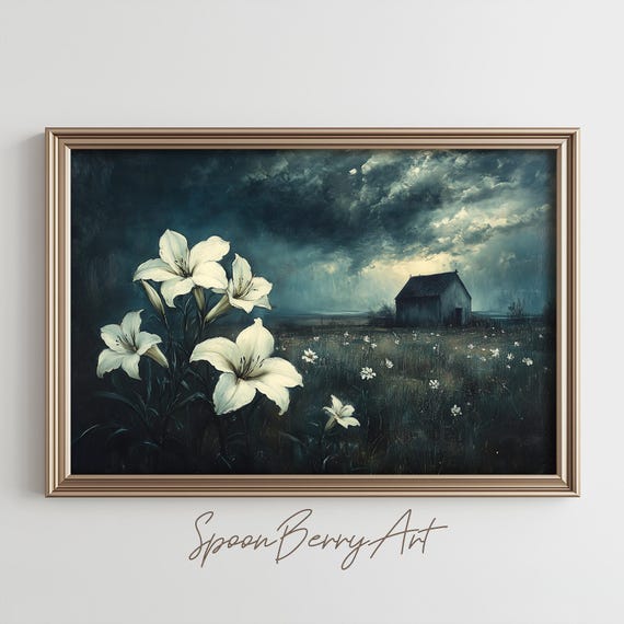 Night Lily Painting Instant Vintage Wall Decor Custom Art Print Oil Dark Moody Floral Flower