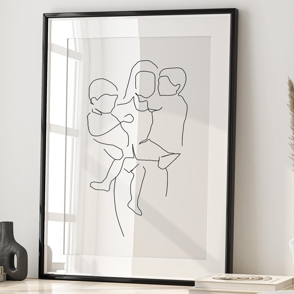 Mother Holding Her Two Young Sons Close in Line Art Style Poster