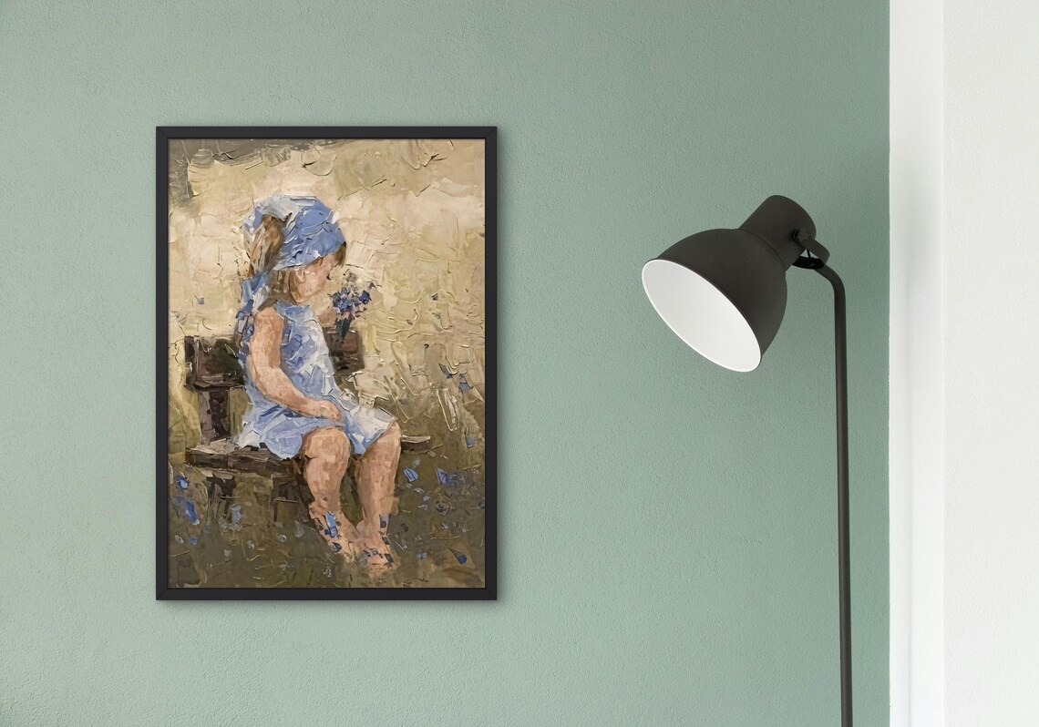 Girl In Blue Dress With Flowers, Impressionist Art Print - Image 2