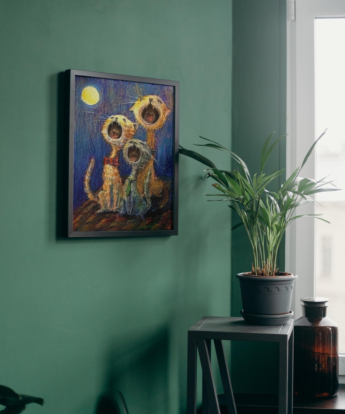 Surreal Cat Art Print, Whimsical Howling At The Moon - Image 2