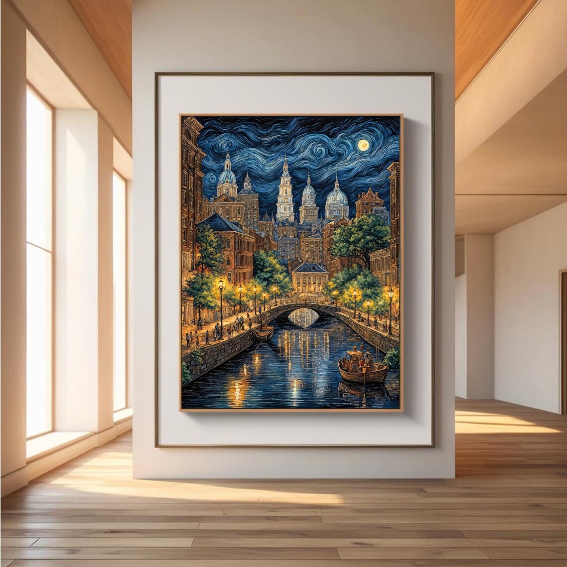 Starry Night Cityscape, Van Gogh Inspired Canal Scene - Image 3