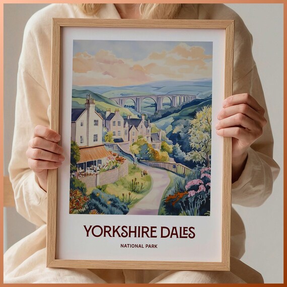 Yorkshire Dales National Park Viaduct Pub Village Watercolor Travel Poster
