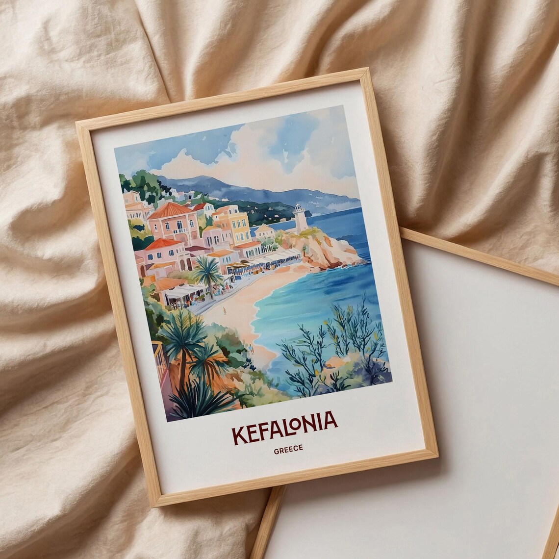 Kefalonia Greece Beach Cove Colorful Town Watercolor Travel Poster - Image 3