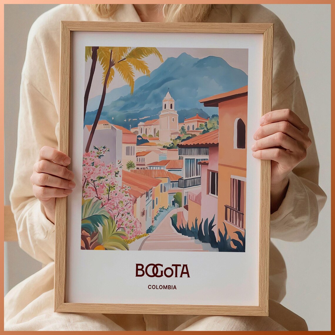Bogota Colombia Colorful Street Church Mountain Travel Poster
