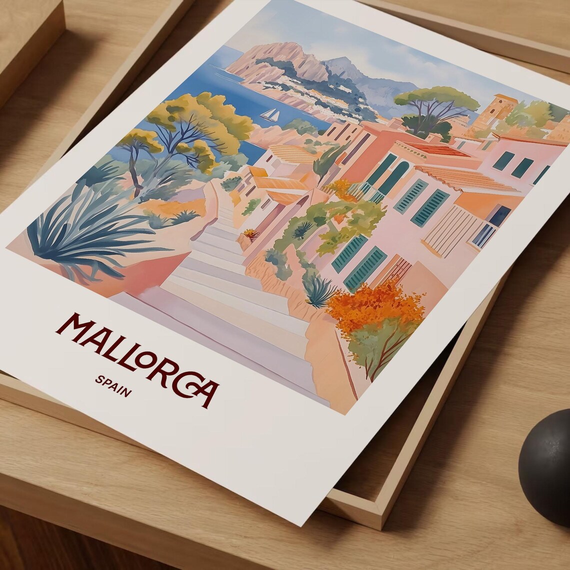 Mallorca Spain Mediterranean Village Sailboat Coast Watercolor Travel Poster - Image 2