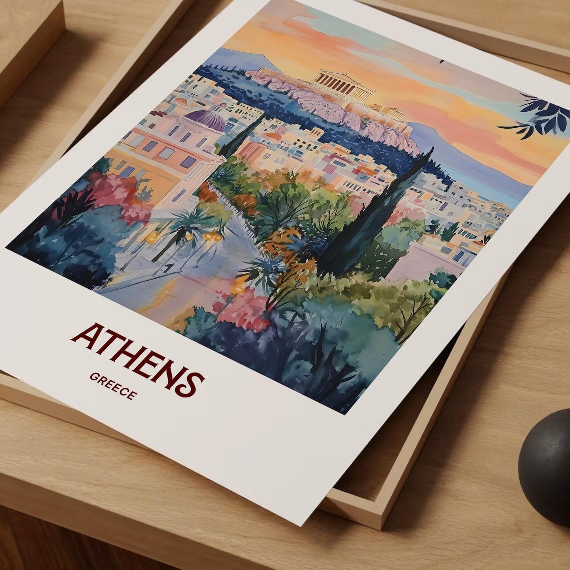 Athens Greece Acropolis Night Watercolor Cityscape Travel Poster - Image 2