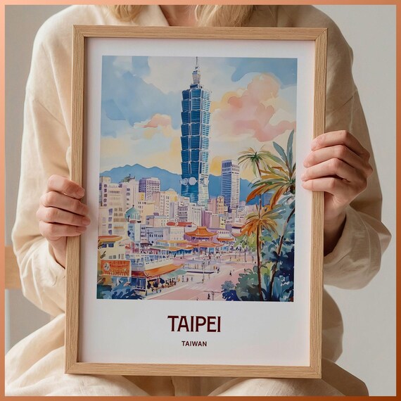 Taipei Taiwan Skyscraper Skyline Watercolor Cityscape Travel Poster Art