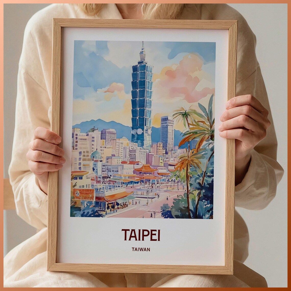 Taipei Taiwan Skyscraper Skyline Watercolor Cityscape Travel Poster Art
