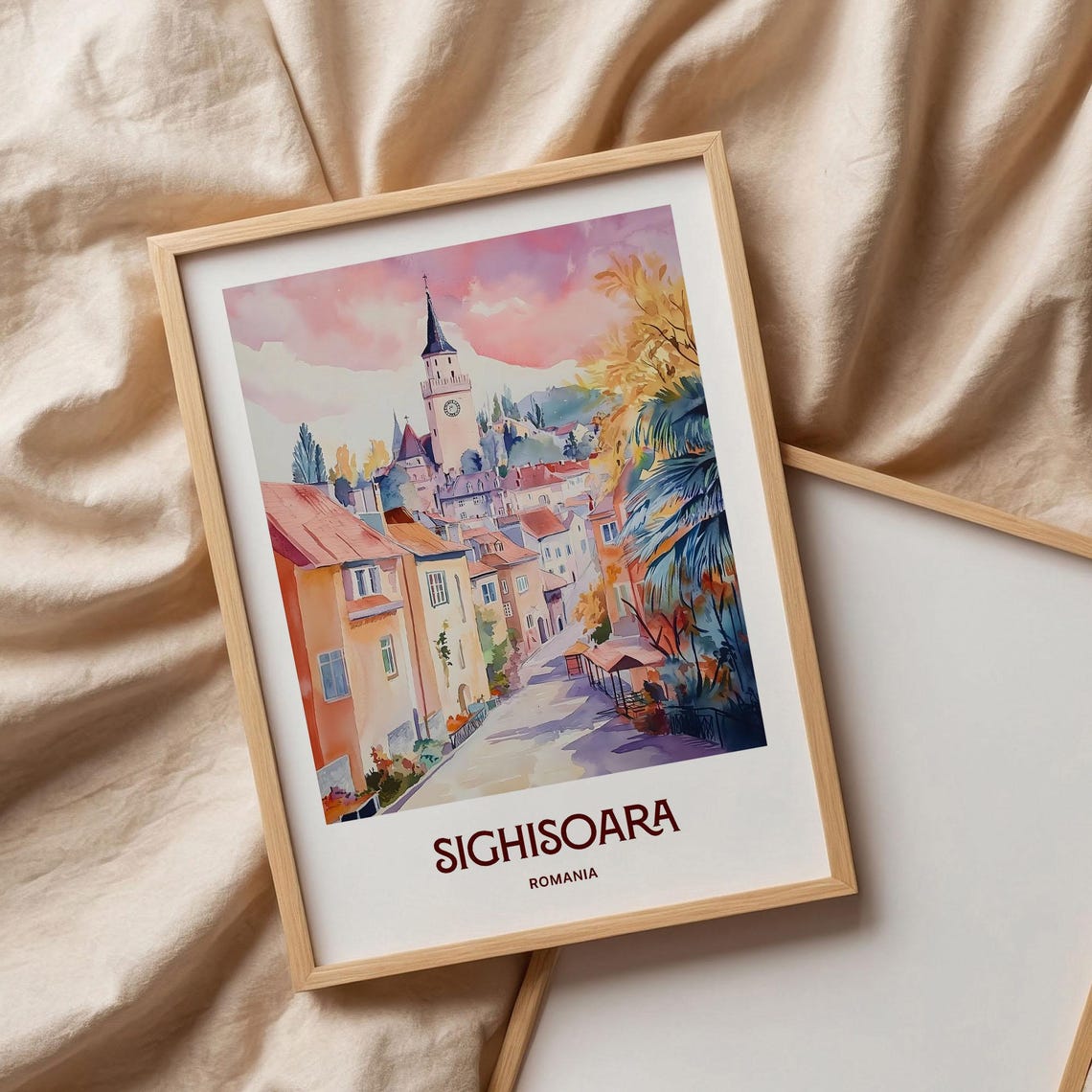 Sighisoara Romania Clock Tower Old Town Watercolor Travel Poster - Image 3