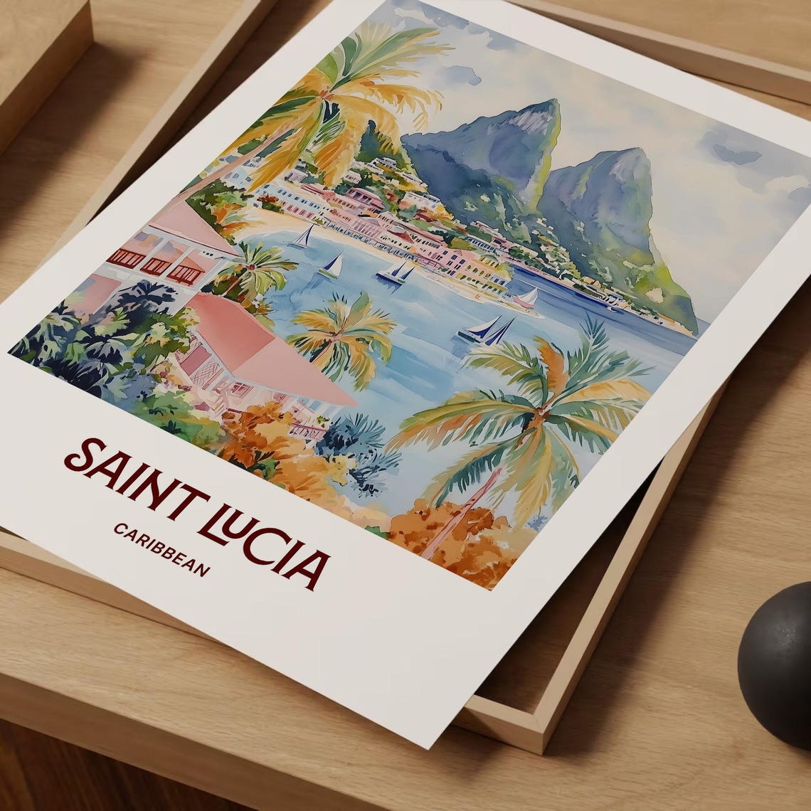 Saint Lucia Pitons Twin Peaks Caribbean Watercolor Travel Poster - Image 2