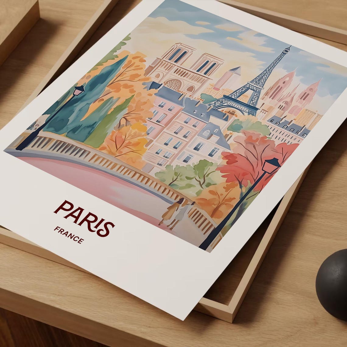 Paris France Autumn Eiffel Tower Notre Dame Watercolor Poster Art - Image 2