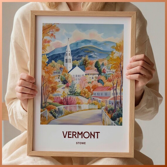 Vermont Stowe Watercolor Fall Foliage White Church Mountain Town Poster