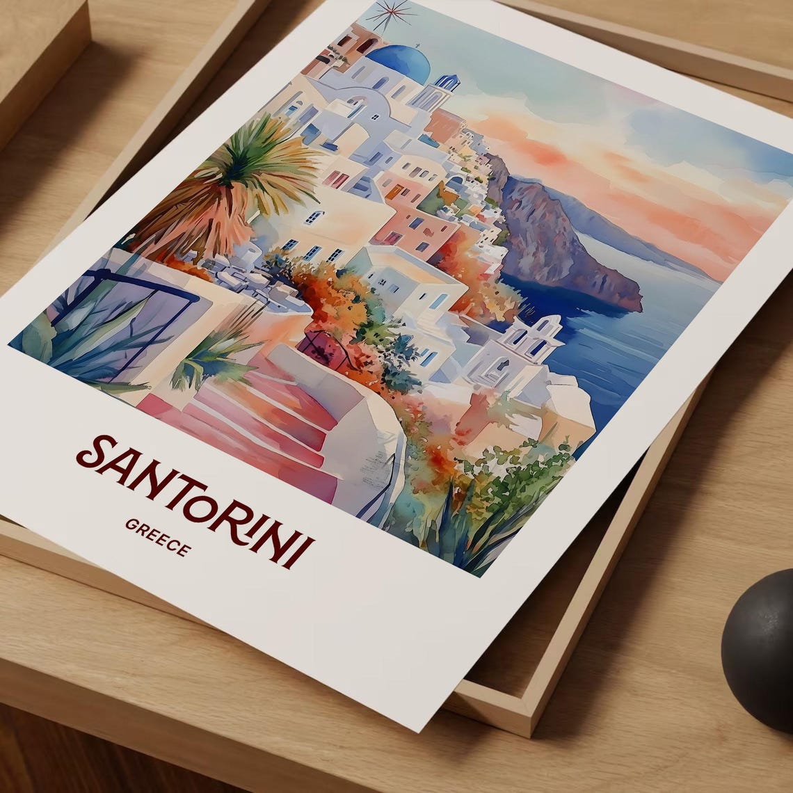 Santorini Greece Blue Dome Church Watercolor Island Travel Poster - Image 2