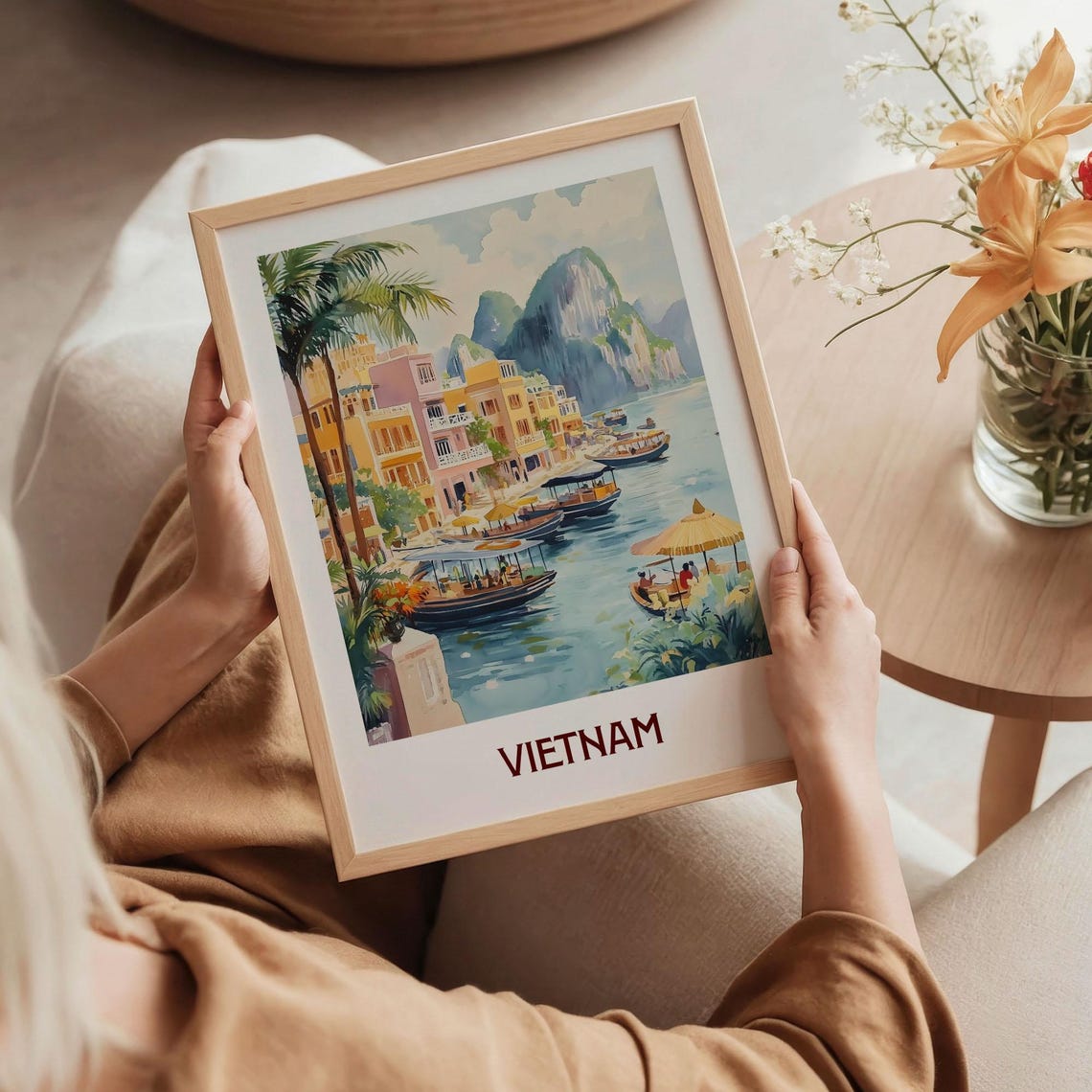 Vietnam Limestone Karst Bay Boats Watercolor Travel Poster Harbor - Image 5