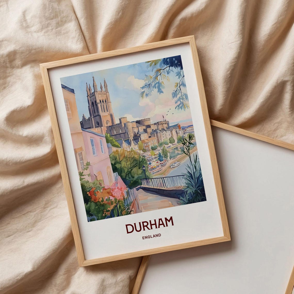 Durham England Watercolor Cathedral Castle River Hillside Town Poster - Image 3