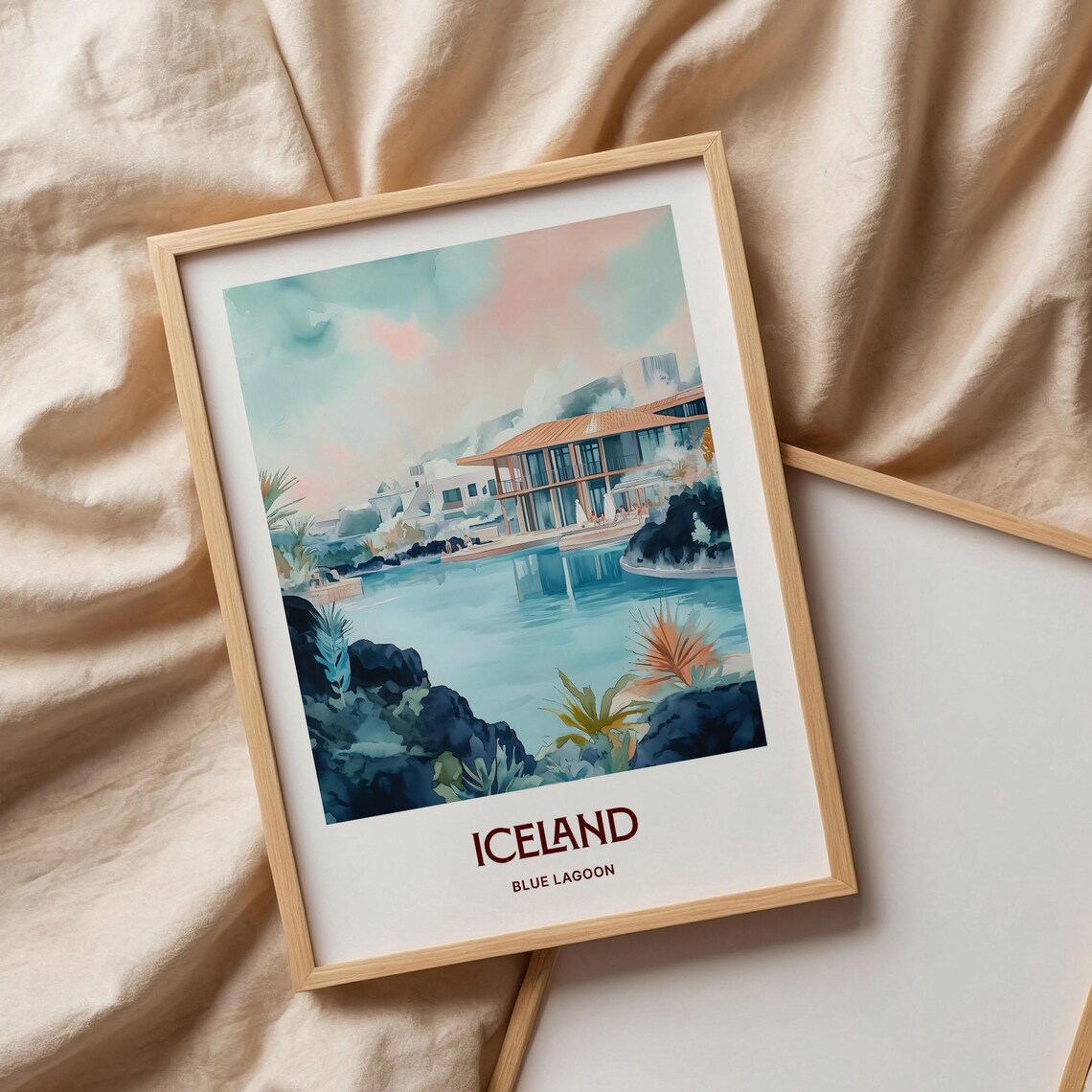 Iceland Blue Lagoon Geothermal Spa Lava Rocks Watercolor Travel Poster - Image 3