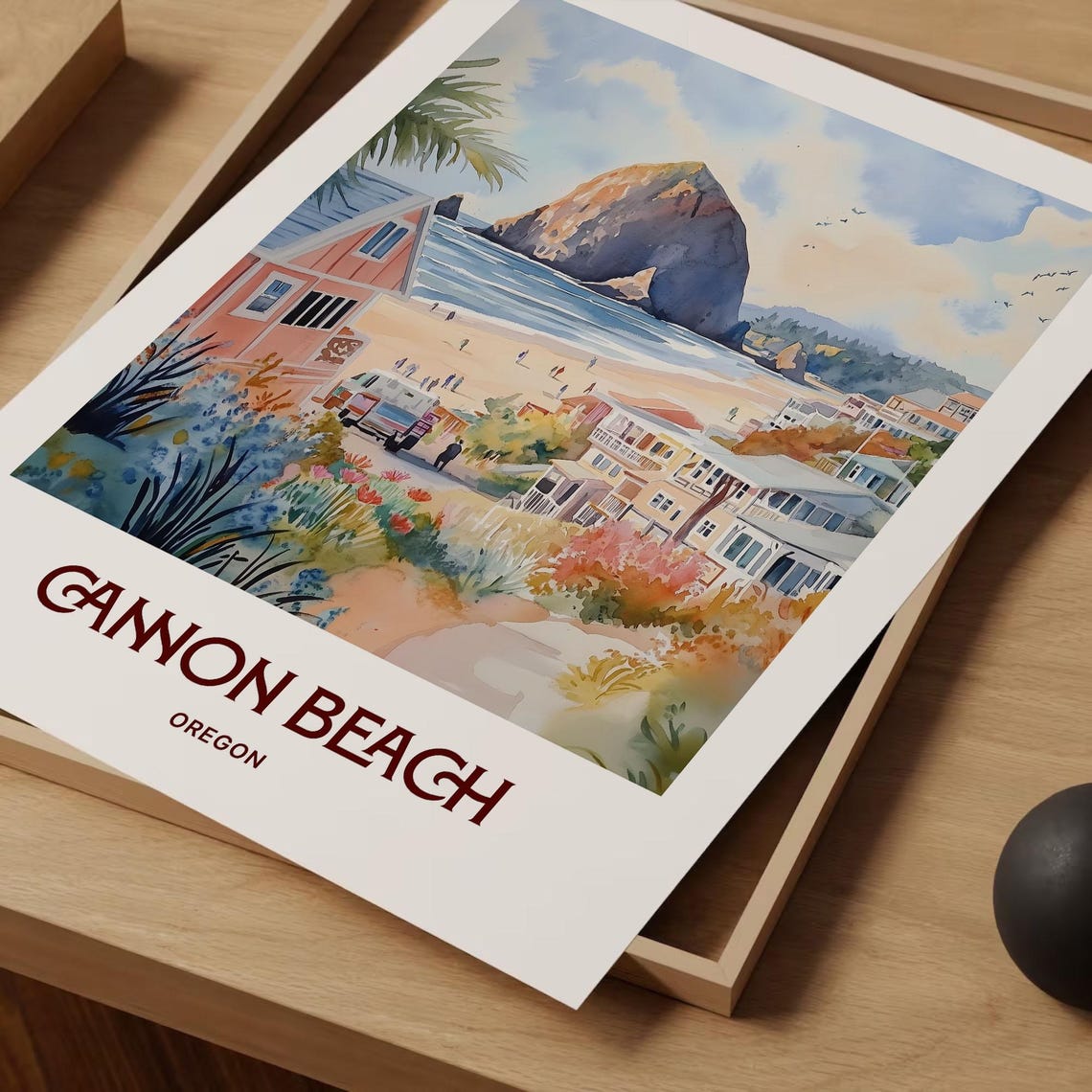 Cannon Beach Oregon Haystack Rock Seaside Watercolor Travel Poster - Image 2