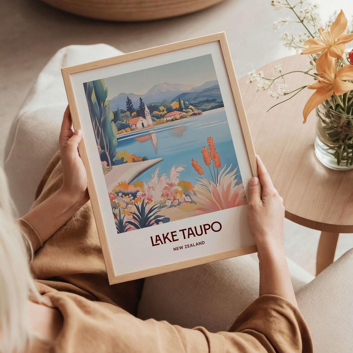 Lake Taupo New Zealand Lakeside Church Mountain Travel Poster - Image 5