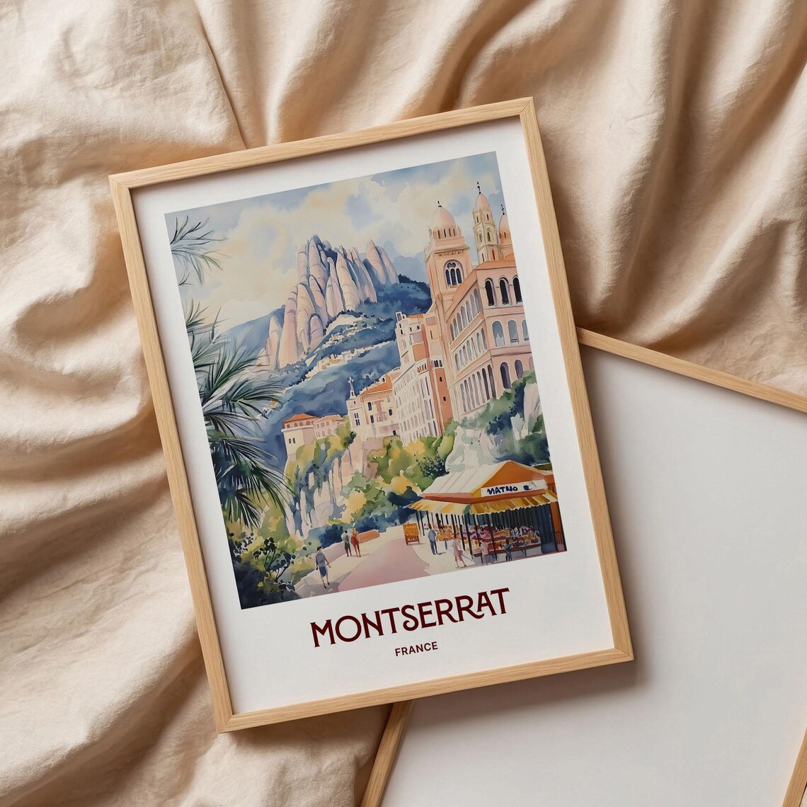 Montserrat France Watercolor Mountain Monastery Town Street Scene Poster - Image 3