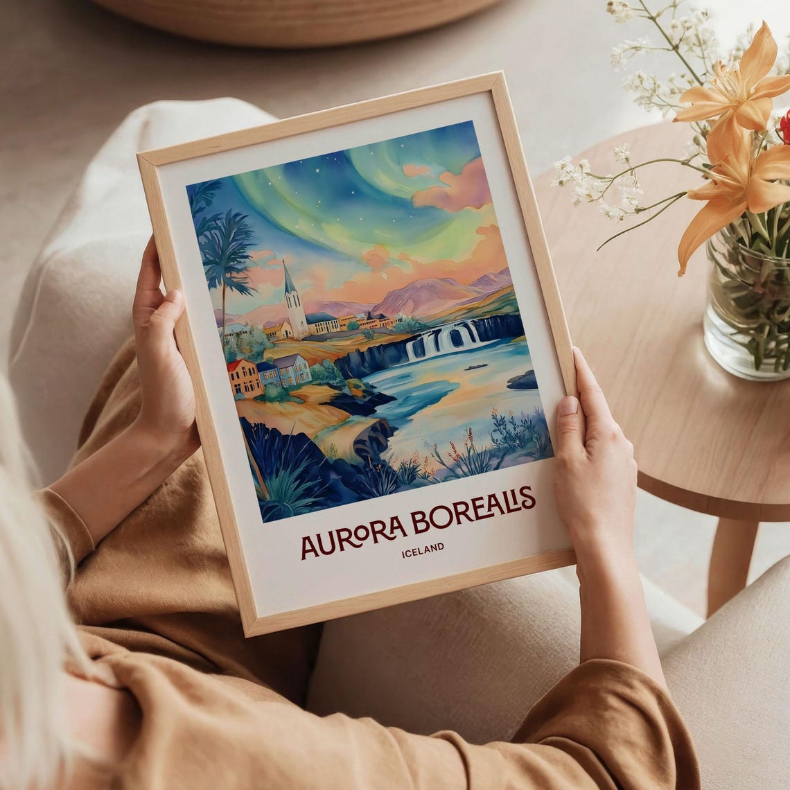 Aurora Borealis Iceland Northern Lights Watercolor Travel Poster - Image 5