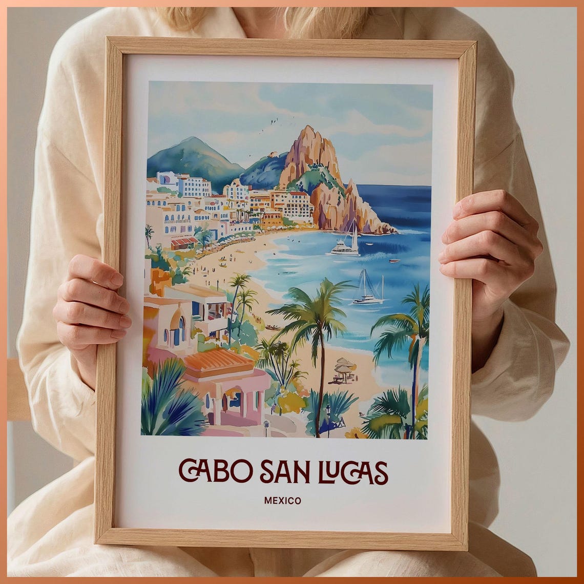 Sunny Cabo San Lucas Mexico Beach Cliffs Watercolor Travel Poster