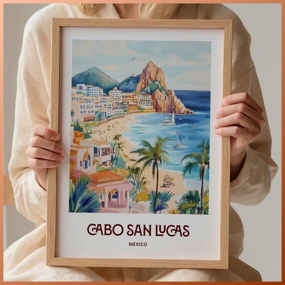 Sunny Cabo San Lucas Mexico Beach Cliffs Watercolor Travel Poster