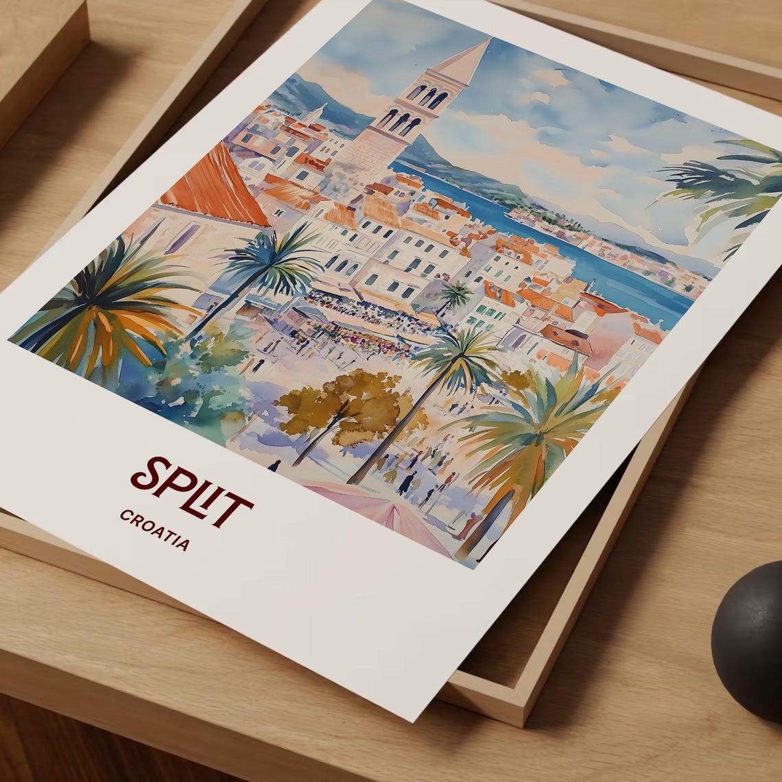 Split Croatia Bell Tower Riva Palm Promenade Watercolor Poster - Image 2