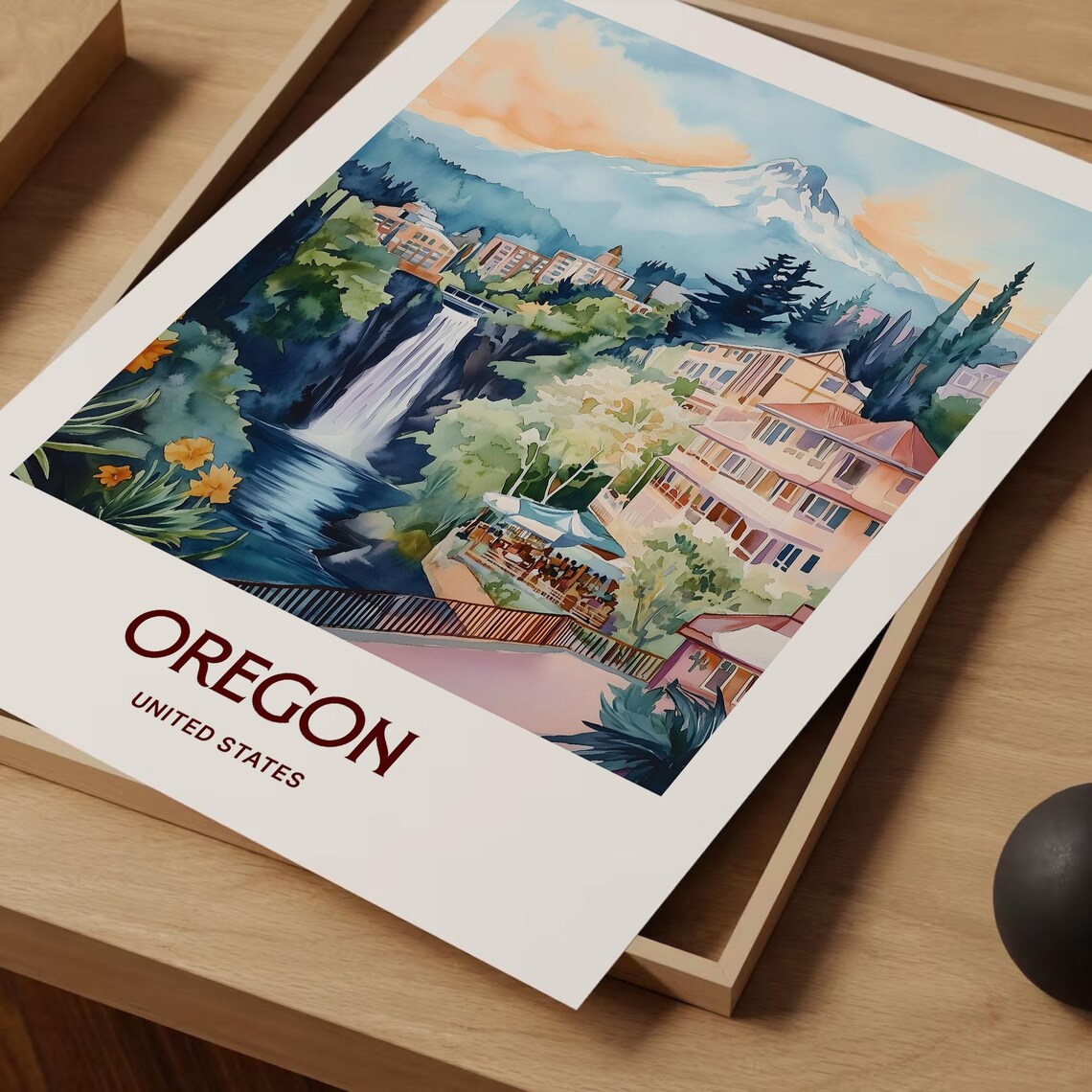 Oregon United States Waterfall Town Mountain Watercolor Travel Poster - Image 2