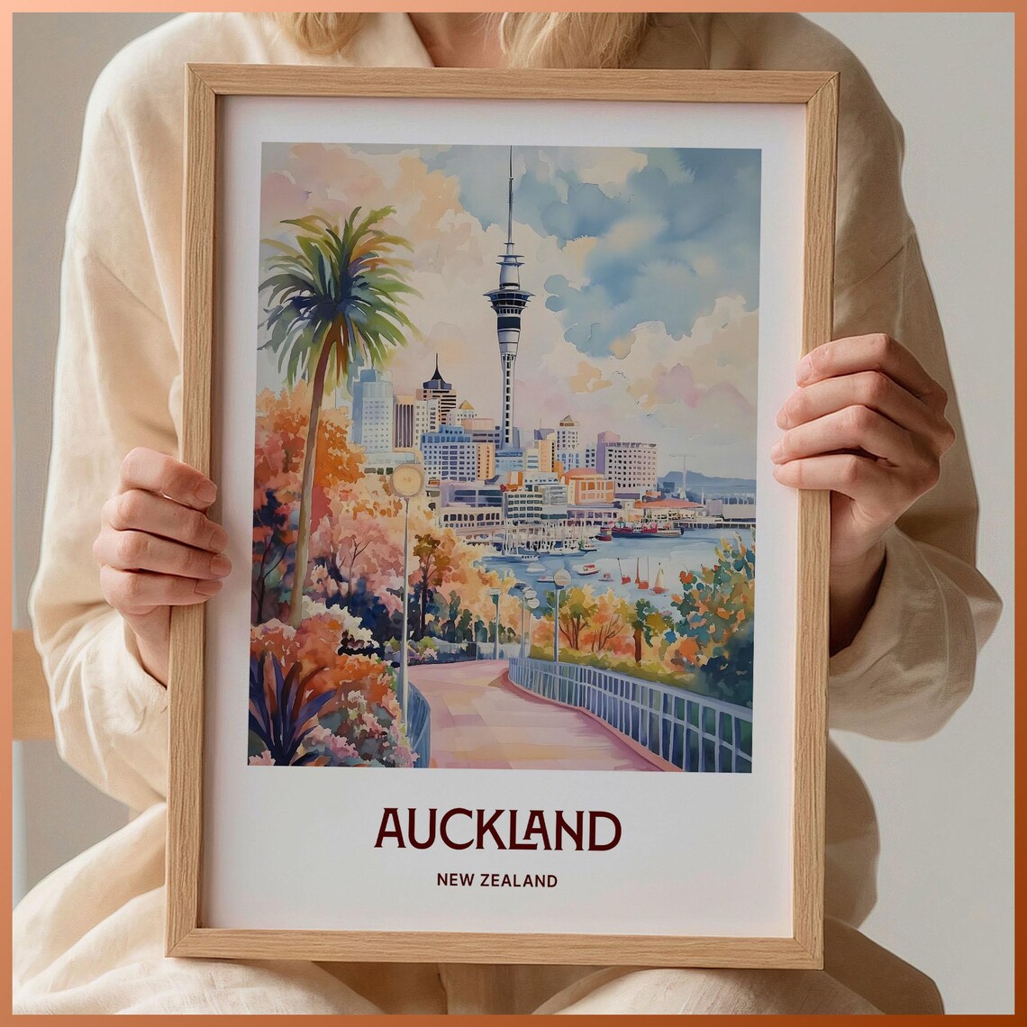 Auckland New Zealand Sky Tower Harbor Waterfront Cityscape Poster