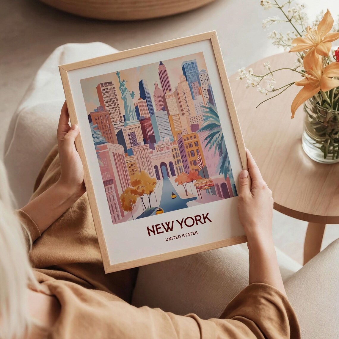 New York Skyline Statue Of Liberty Yellow Cabs Watercolor Travel Poster - Image 5