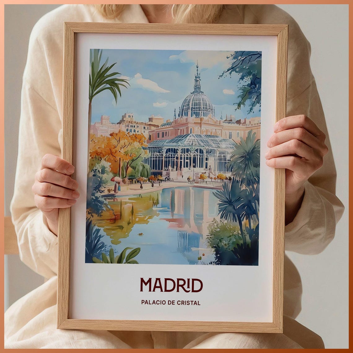 Madrid Palacio de Cristal Park Watercolor Poster Retiro Reflection