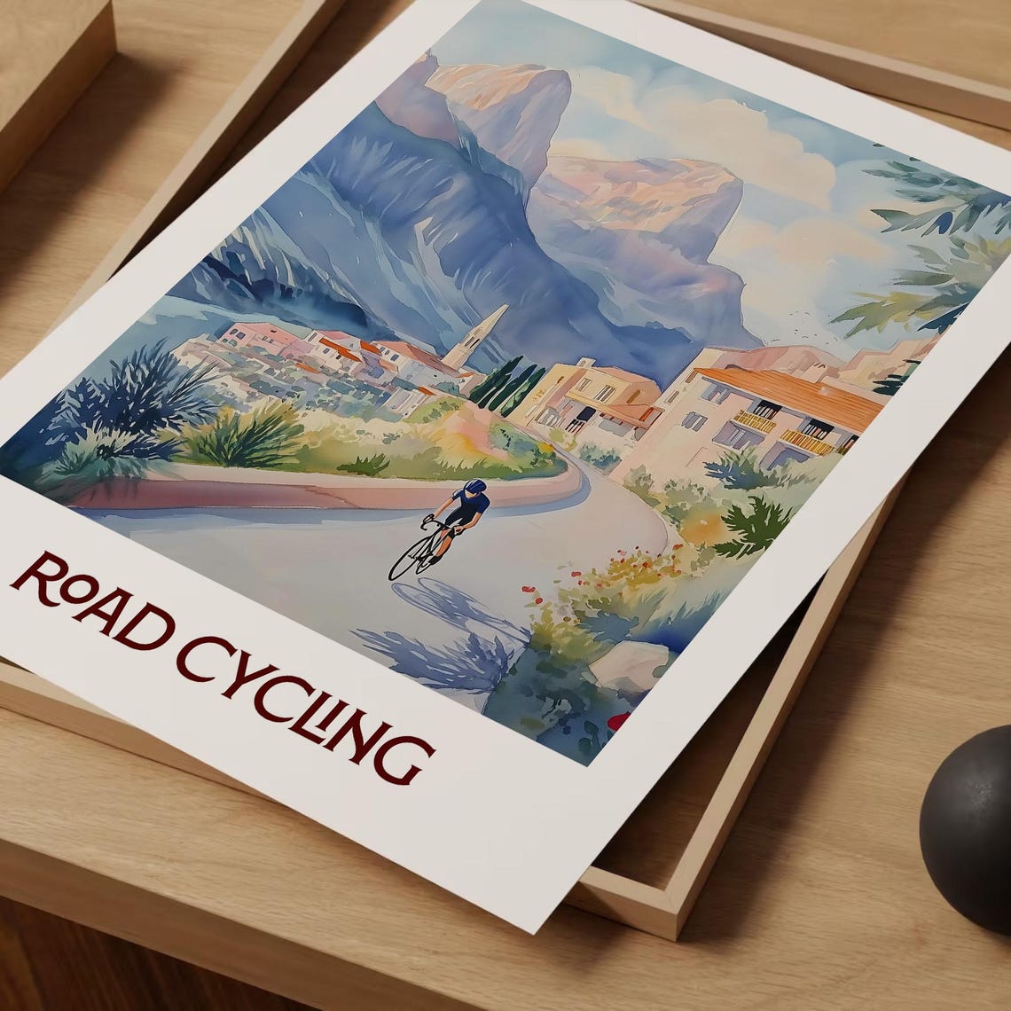Road Cycling Alpine Mountain Village Watercolor Sport Art Poster - Image 2