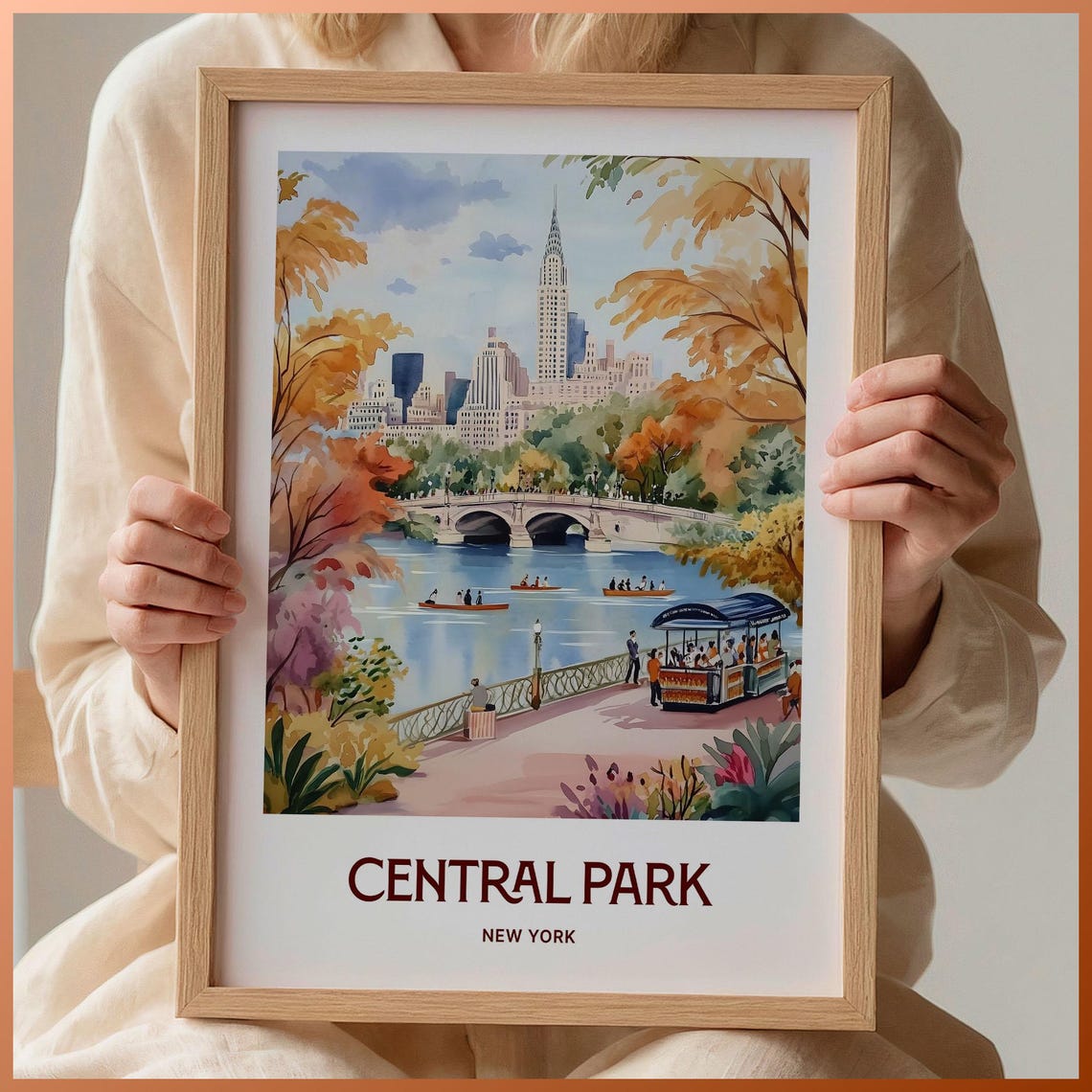 Central Park New York Rowboat Lake Bridge Watercolor Autumn Poster