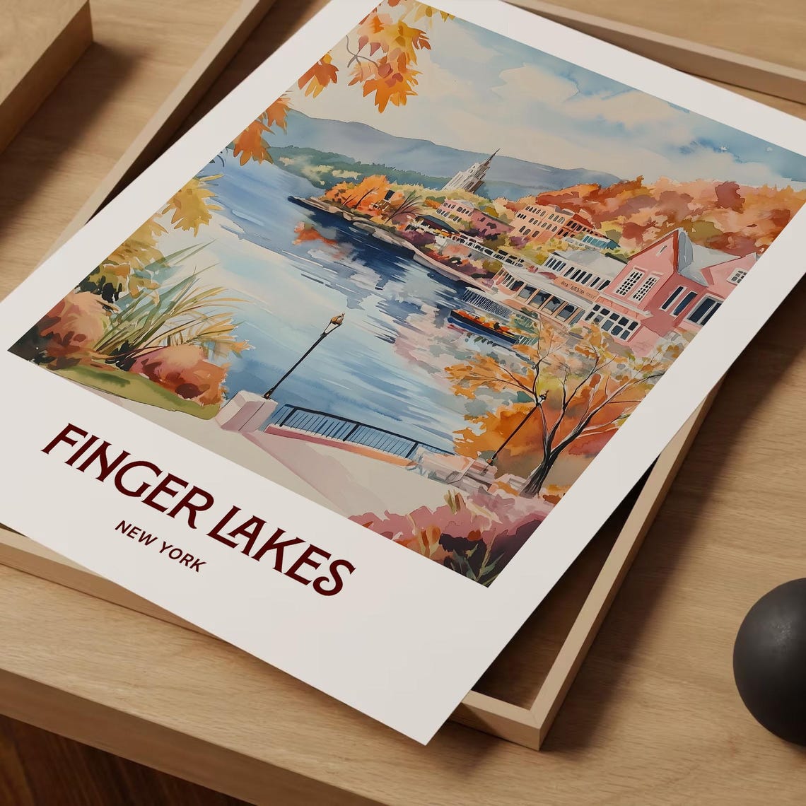 Finger Lakes Autumn Lake Town New York Watercolor Travel Poster - Image 2