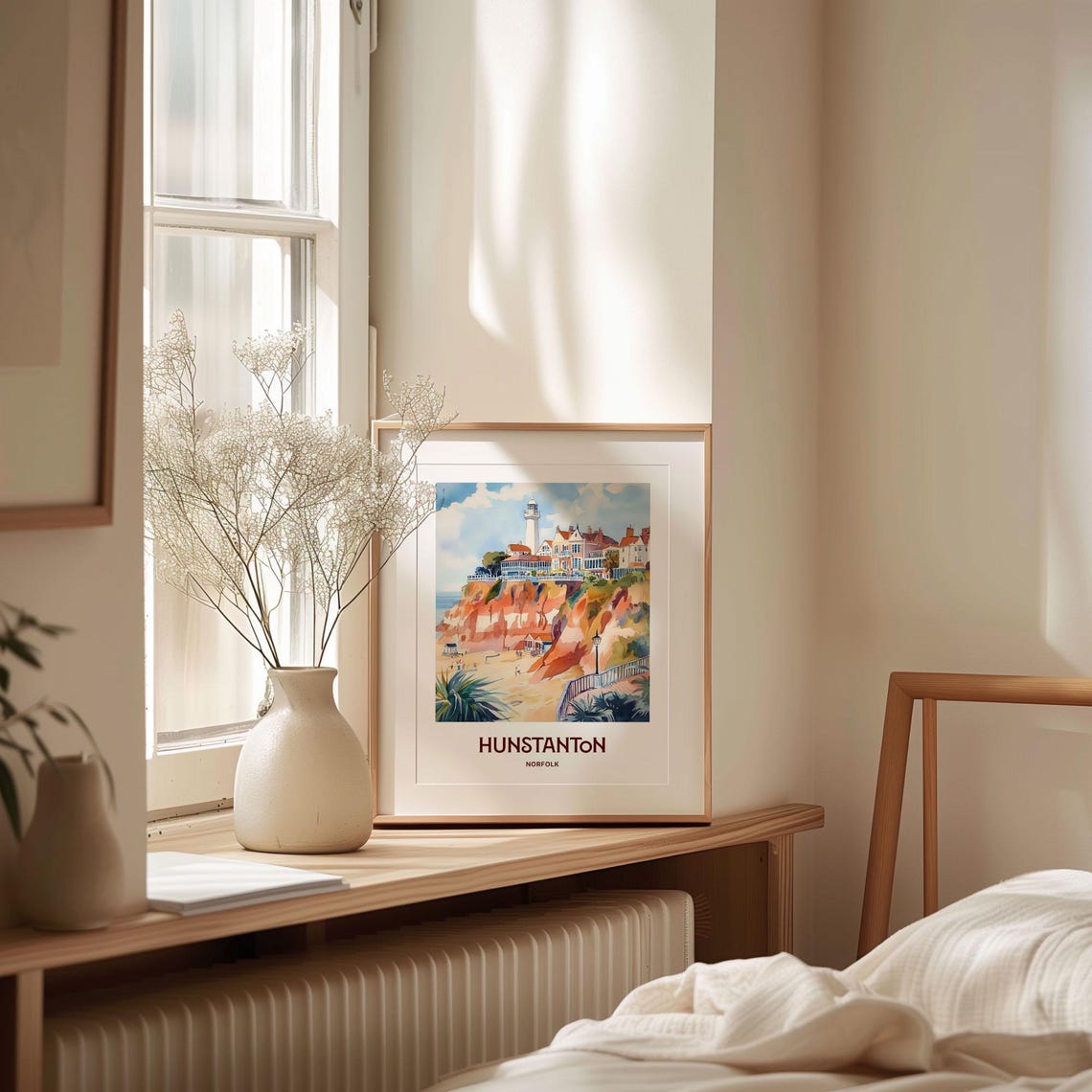 Hunstanton Norfolk Lighthouse Red Cliffs Watercolor Travel Poster - Image 2