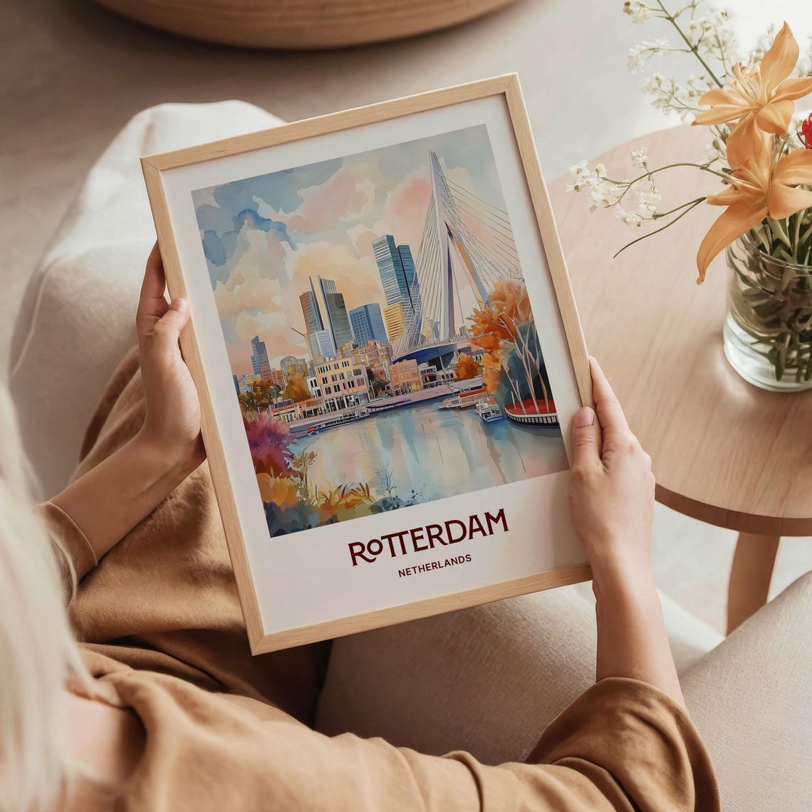 Rotterdam Netherlands Erasmus Bridge Skyline Watercolor Travel Poster - Image 5