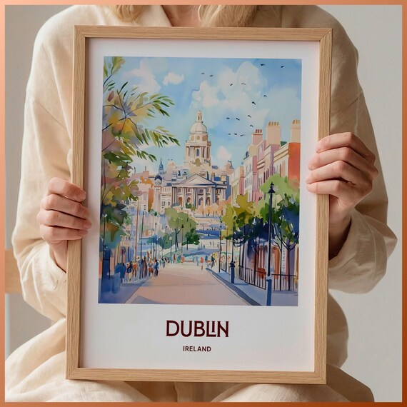 Dublin Historic Ireland City Street Dome Watercolor Travel Poster