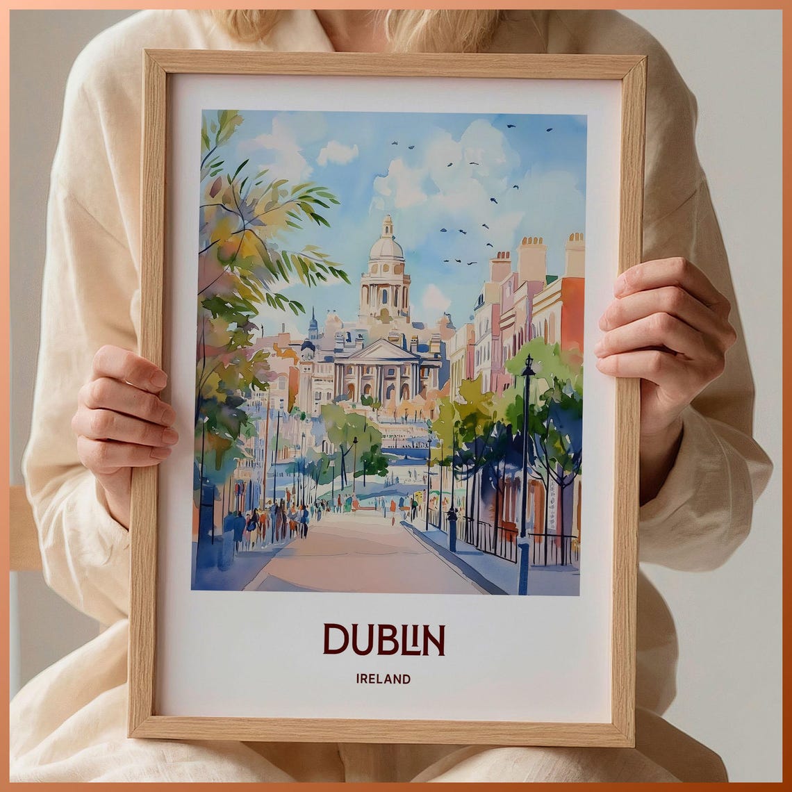 Dublin Historic Ireland City Street Dome Watercolor Travel Poster